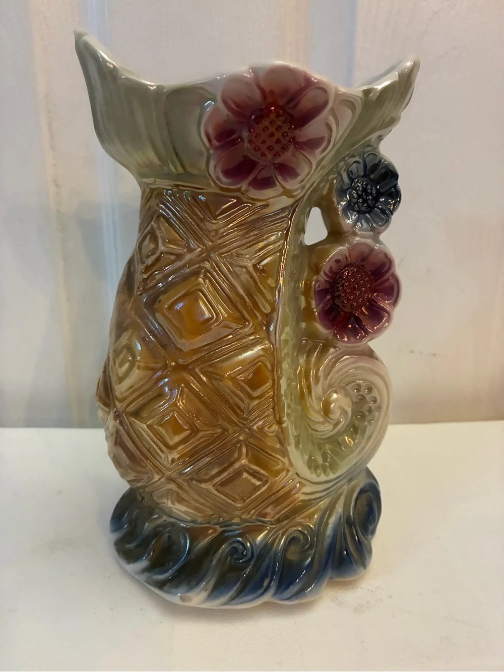 Vintage Brazilian Lusterware Vase 4011 Pineapple Geometric Floral Iridescent